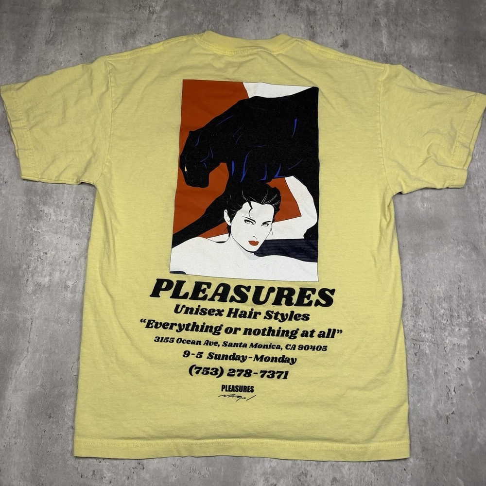 PLEASURES Yellow Logo Graphic Print Crew Neck T-Shirt Men’s Large Skate